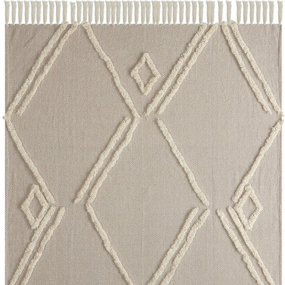 60" X 50" Cream Woven Cotton Herringbone Throw Blanket with Fringe