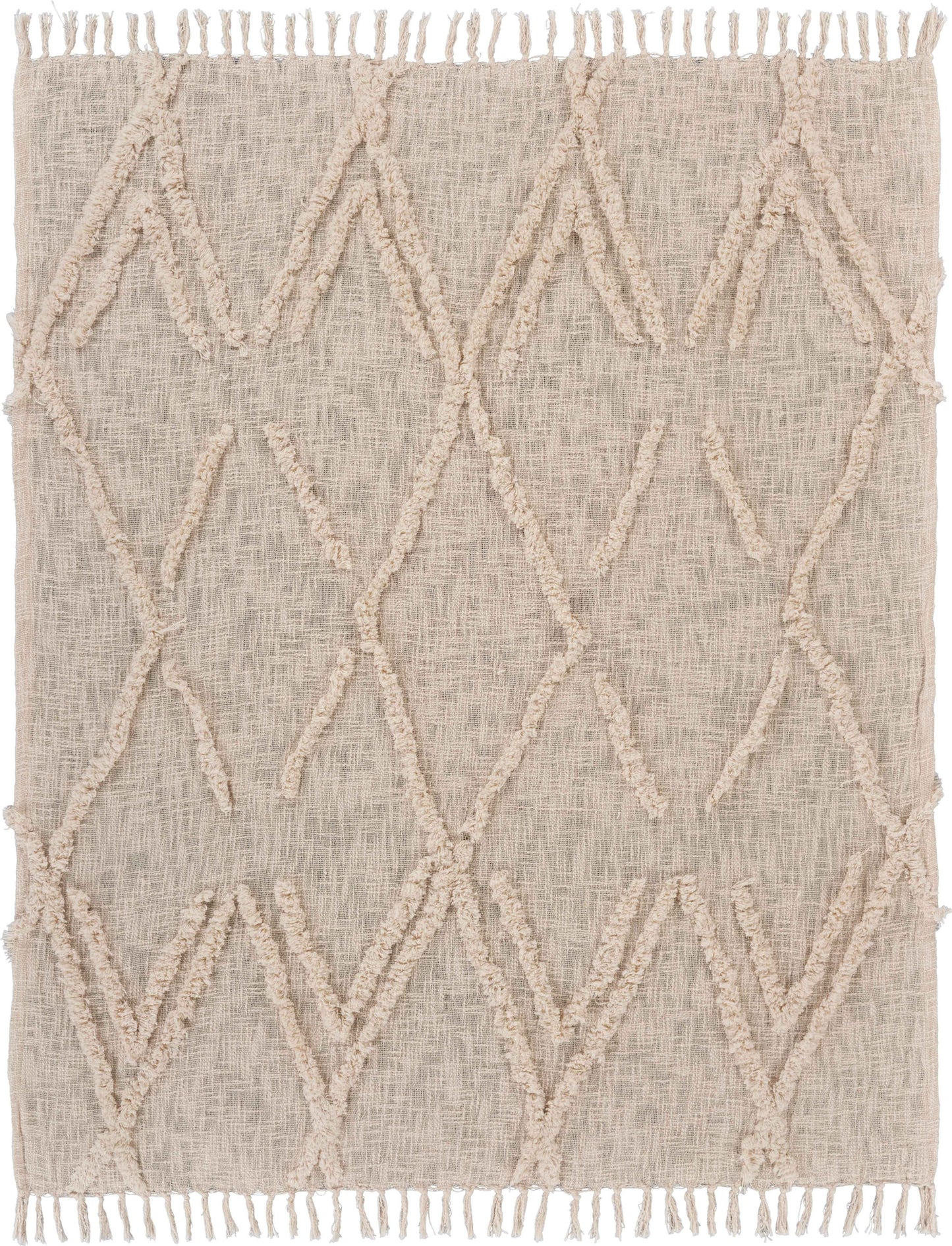 60" X 50" Beige Woven Cotton Geometric Throw Blanket with Fringe