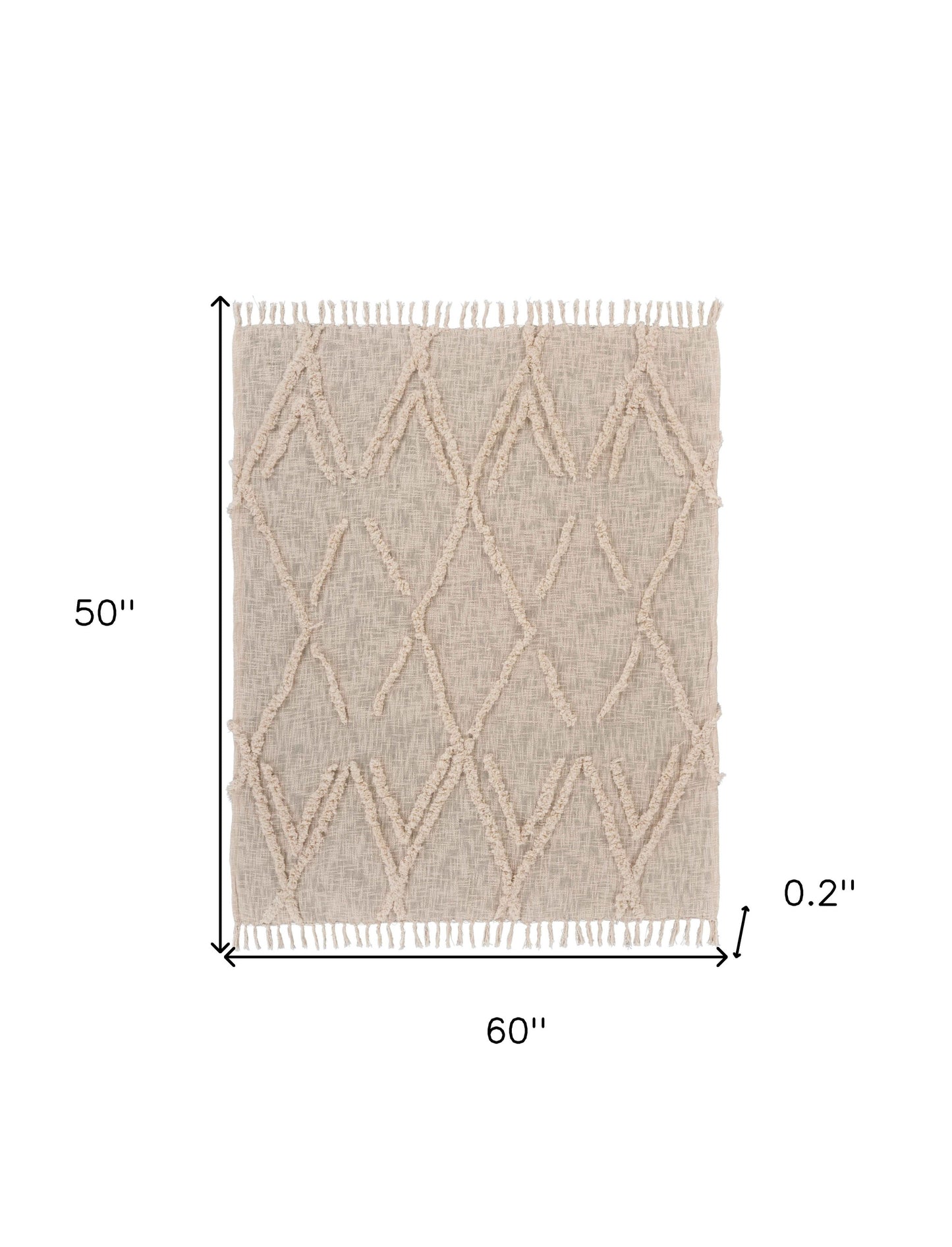 60" X 50" Beige Woven Cotton Geometric Throw Blanket with Fringe