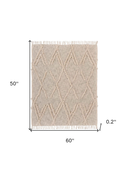 60" X 50" Beige Woven Cotton Geometric Throw Blanket with Fringe