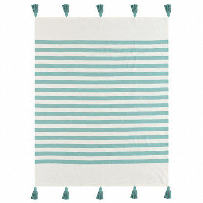 50" X 60" Blue and White Woven Cotton Striped Throw Blanket with Tassels