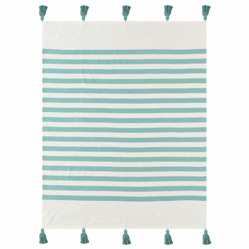 50" X 60" Blue and White Woven Cotton Striped Throw Blanket with Tassels