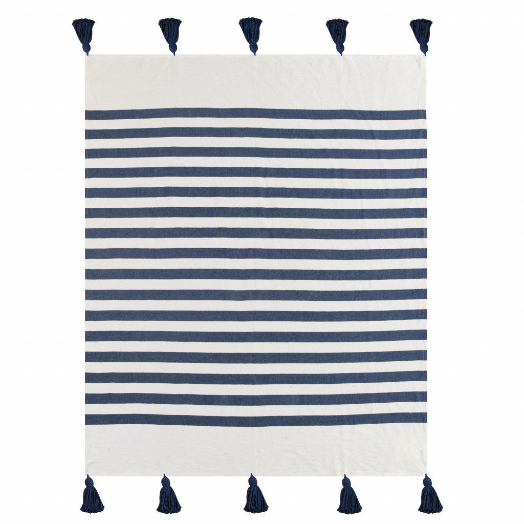 50" X 60" Blue and White Woven Cotton Striped Throw Blanket with Tassels