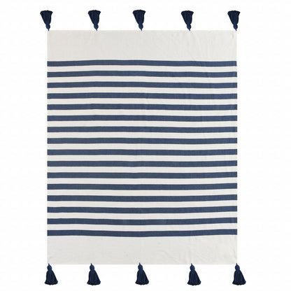 50" X 60" Blue and White Woven Cotton Striped Throw Blanket with Tassels