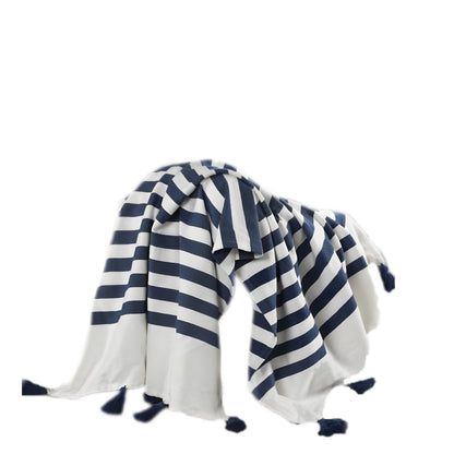 50" X 60" Blue and White Woven Cotton Striped Throw Blanket with Tassels