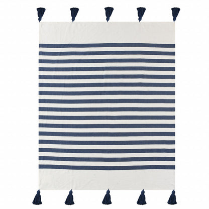 50" X 60" Blue and White Woven Cotton Striped Throw Blanket with Tassels