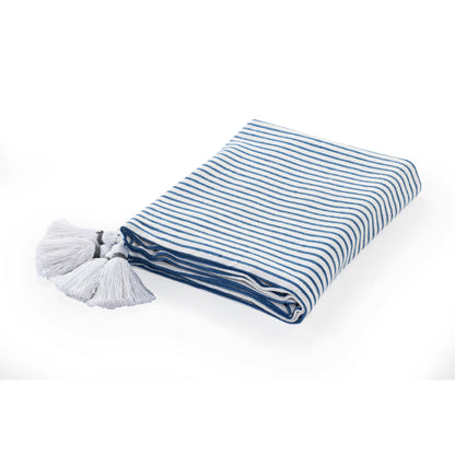 50" X 60" Blue and White Woven Cotton Striped Throw Blanket with Tassels