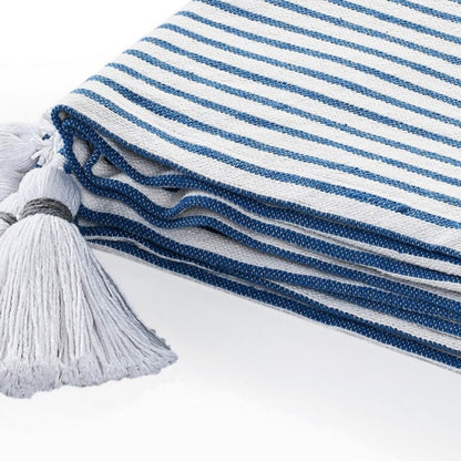 50" X 60" Blue and White Woven Cotton Striped Throw Blanket with Tassels