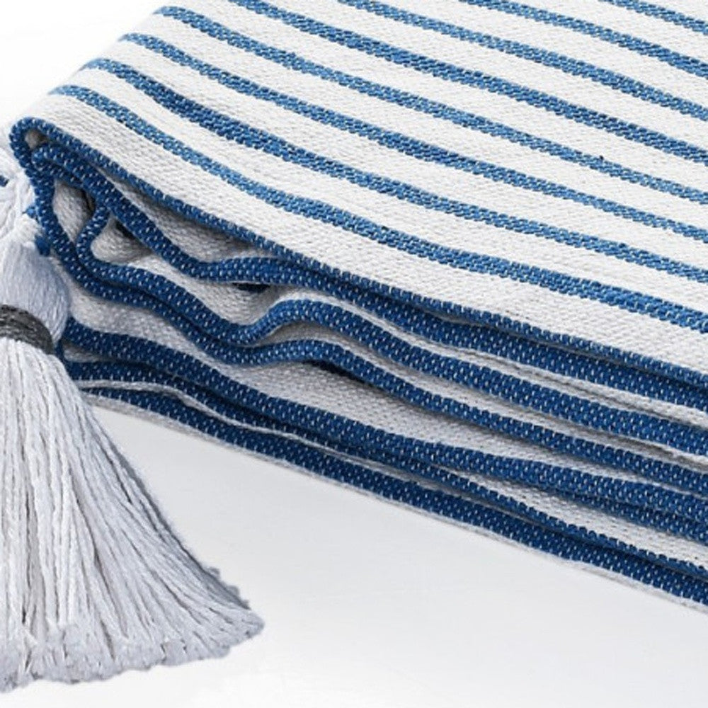 50" X 60" Blue and White Woven Cotton Striped Throw Blanket with Tassels