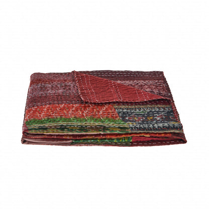 70" X 50" Red Kantha Silk Patchwork Throw Blanket with Embroidery