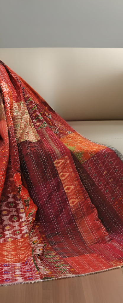 70" X 50" Red Kantha Silk Patchwork Throw Blanket with Embroidery