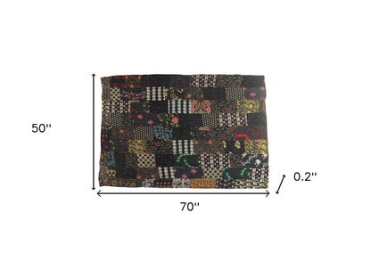 70" X 50" Black Kantha Cotton Patchwork Throw Blanket with Embroidery