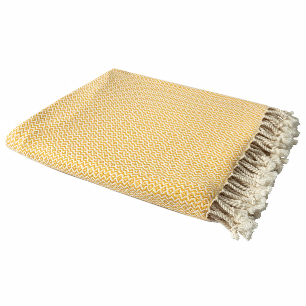 50" X 60" Yellow Woven Cotton Geometric Throw Blanket with Fringe