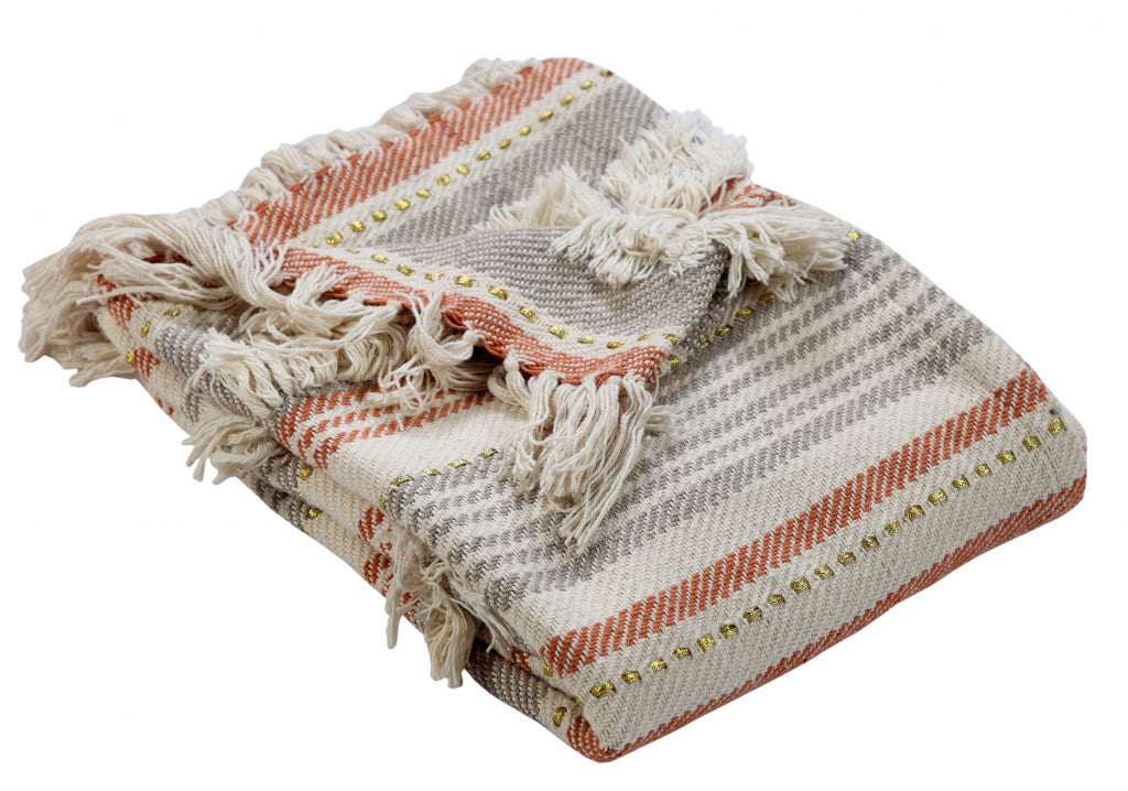 60" X 50" Beige Woven Cotton Striped Throw Blanket with Fringe