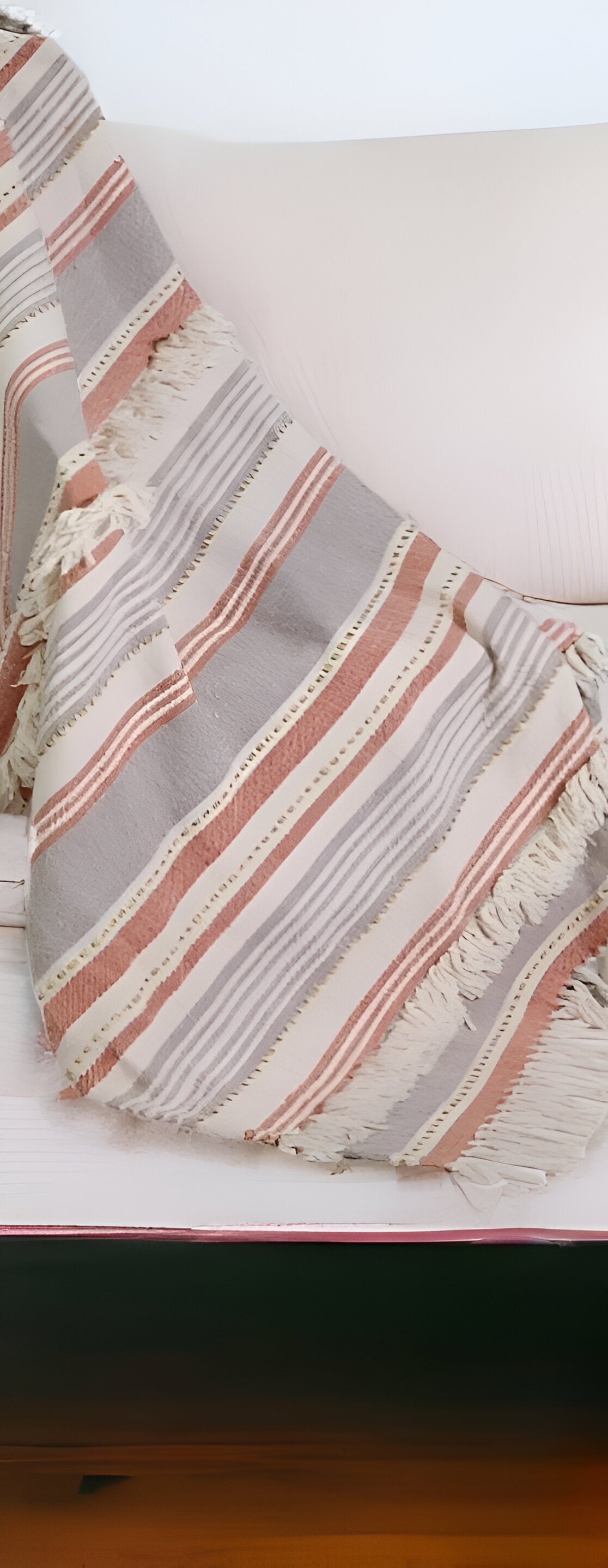 60" X 50" Beige Woven Cotton Striped Throw Blanket with Fringe