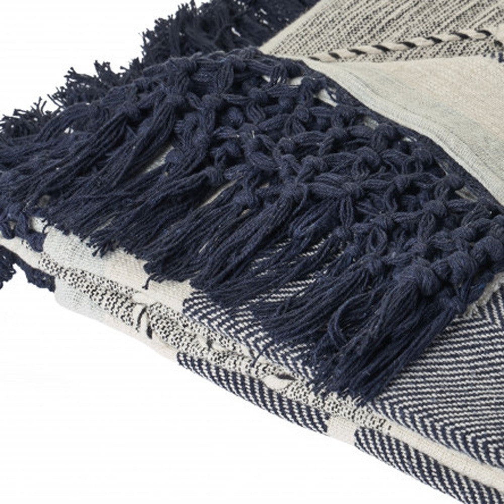 60" X 50" Black and Blue Woven Cotton Striped Throw Blanket with Tassels