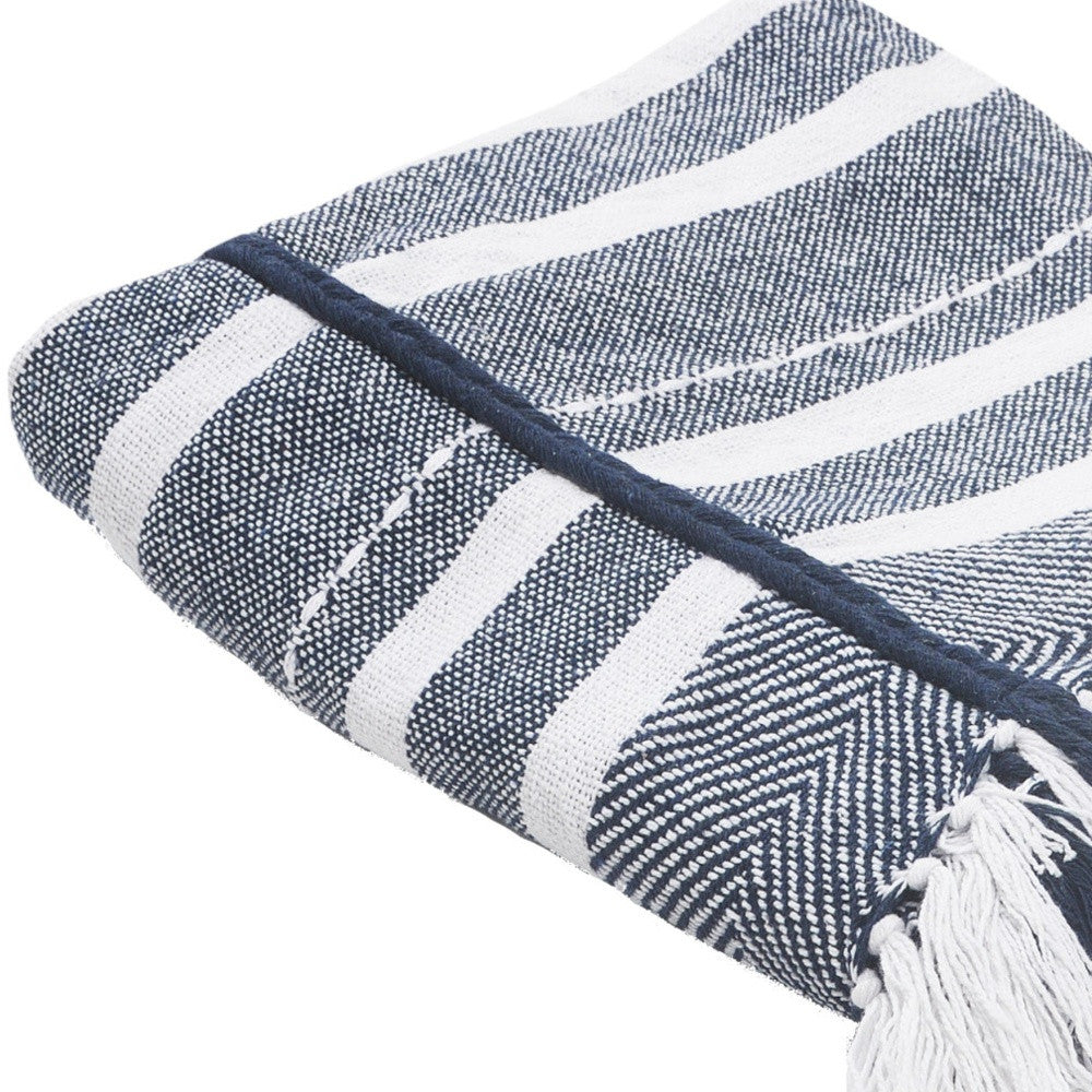 50" X 60" Blue and White Kantha Cotton Striped Throw Blanket with Embroidery