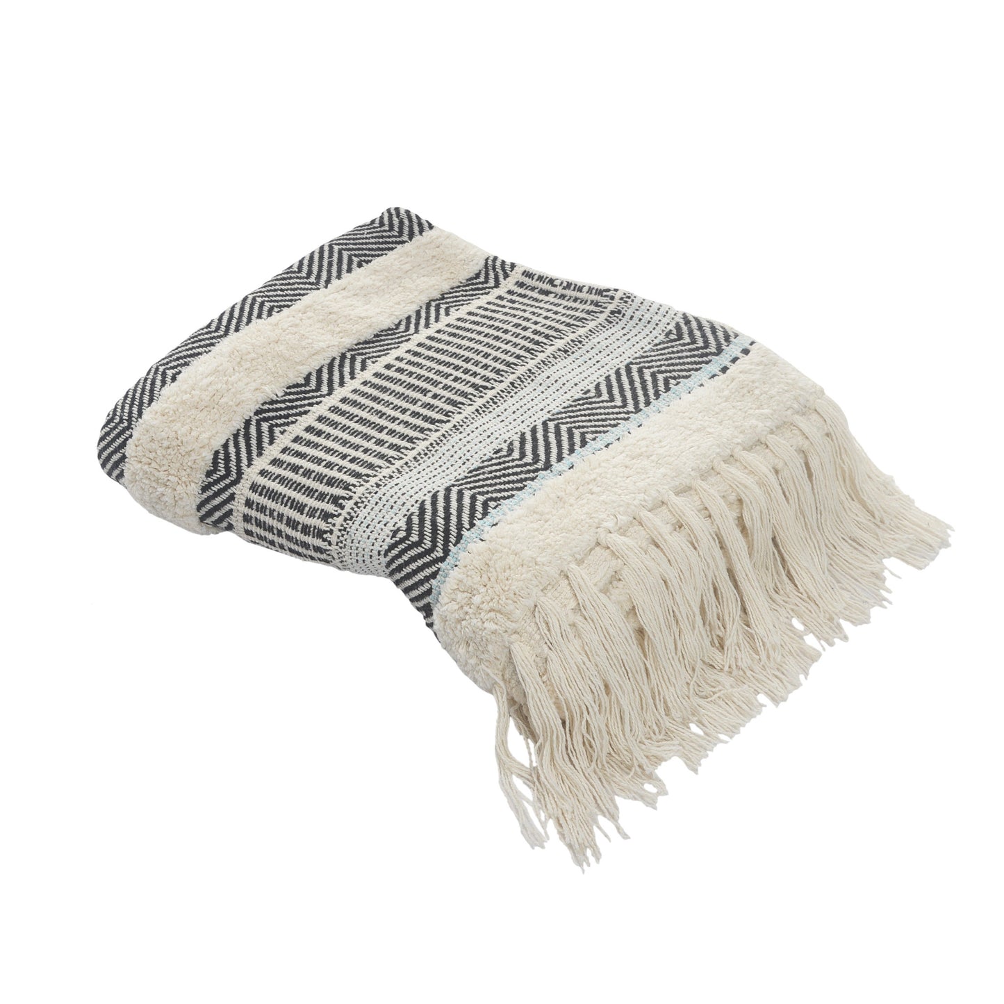 60" X 50" Cream Woven Cotton Herringbone Throw Blanket with Fringe