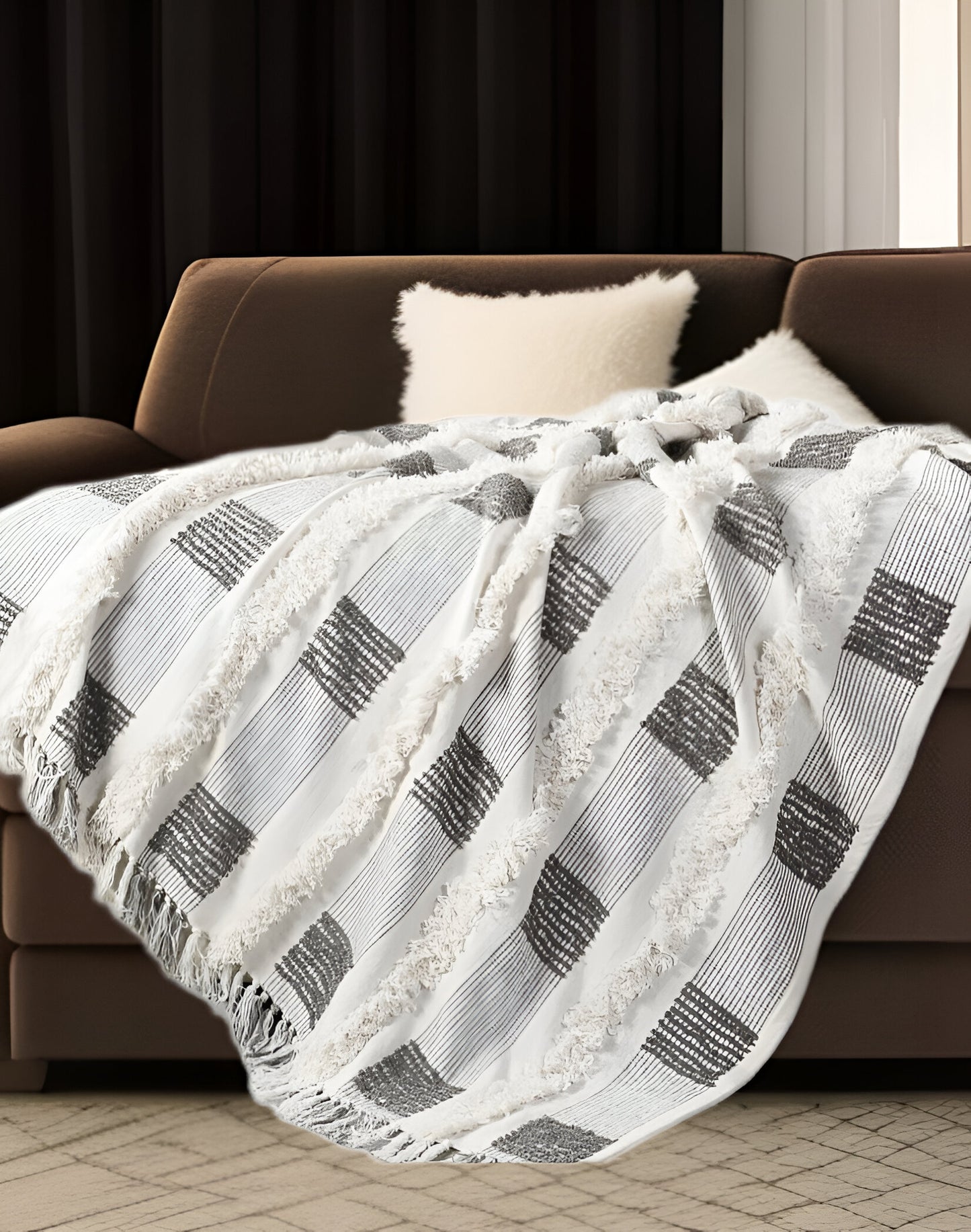 60" X 50" Gray and White Woven Cotton Checkered Throw Blanket with Fringe