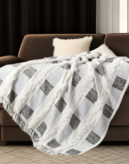 60" X 50" Gray and White Woven Cotton Checkered Throw Blanket with Fringe