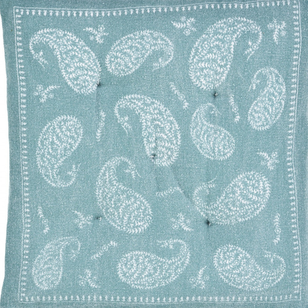 Set Of Two 17" Teal and Ivory Cotton Paisley Dining Chair Pads