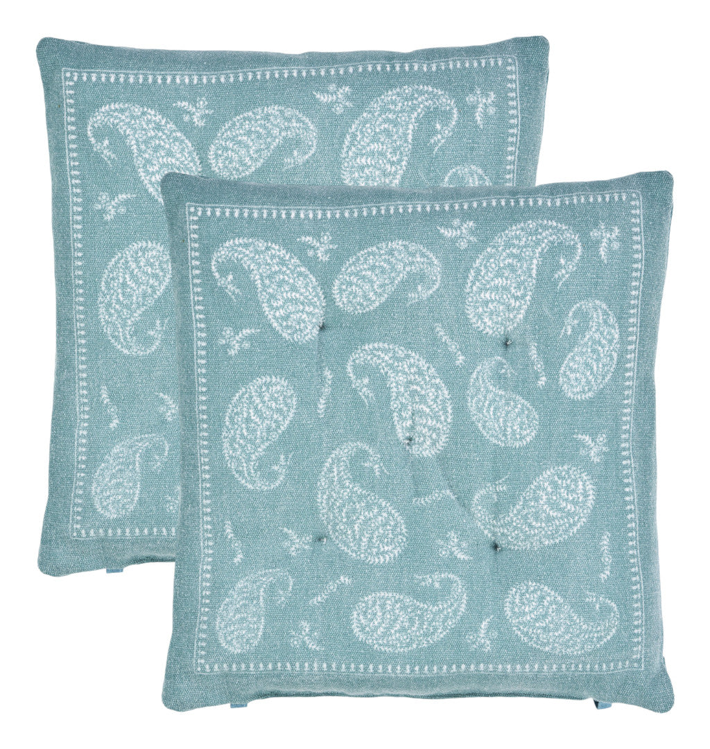 Set Of Two 17" Teal and Ivory Cotton Paisley Dining Chair Pads