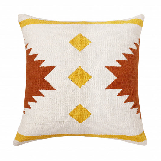 20" X 20" White Yellow And Red Orange 100% Cotton Geometric Zippered Pillow