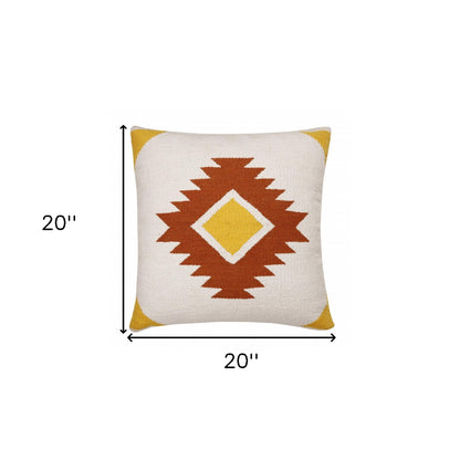 20" X 20" White Yellow And Red Orange 100% Cotton Geometric Zippered Pillow