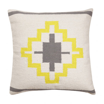 20" X 20" Gray White And Yellow 100% Cotton Geometric Zippered Pillow