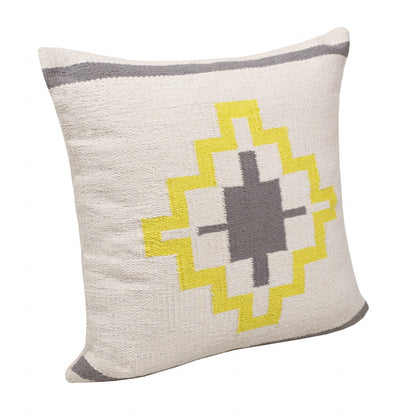 20" X 20" Gray White And Yellow 100% Cotton Geometric Zippered Pillow