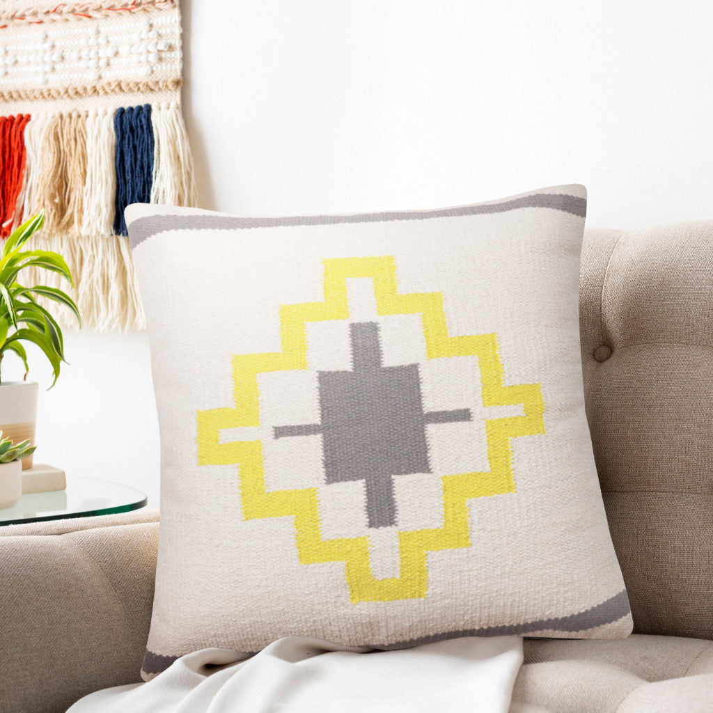 20" X 20" Gray White And Yellow 100% Cotton Geometric Zippered Pillow