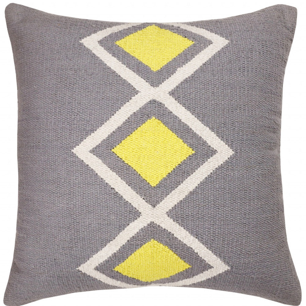 20" X 20" Gray White And Yellow 100% Cotton Geometric Zippered Pillow