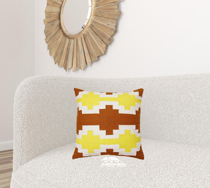 20" X 20" Adobe Orange Yellow And White 100% Cotton Geometric Zippered Pillow