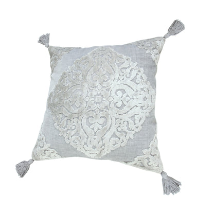 20" X 20" Blue Damask Cotton Blend Zippered Pillow With Tassels