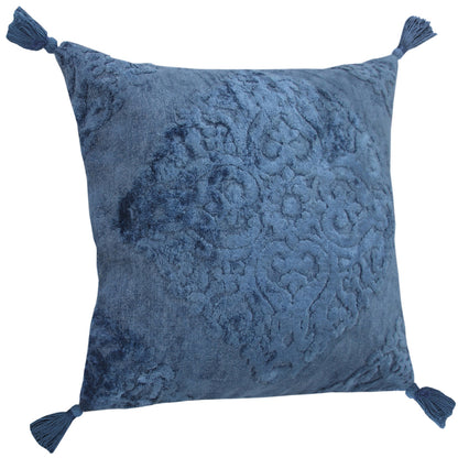 20" X 20" Blue Damask Cotton Blend Zippered Pillow With Tassels