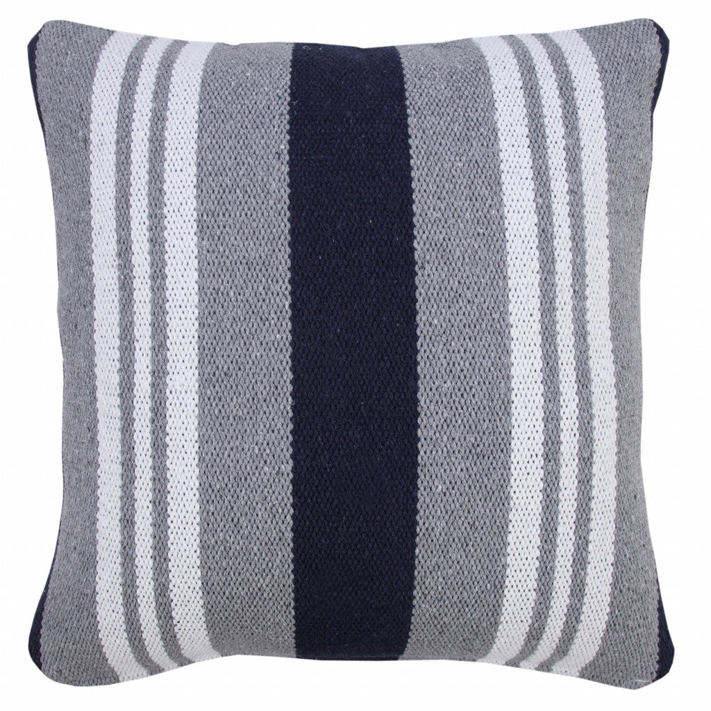 20" X 20" Beige Gray And White 100% Cotton Striped Zippered Pillow