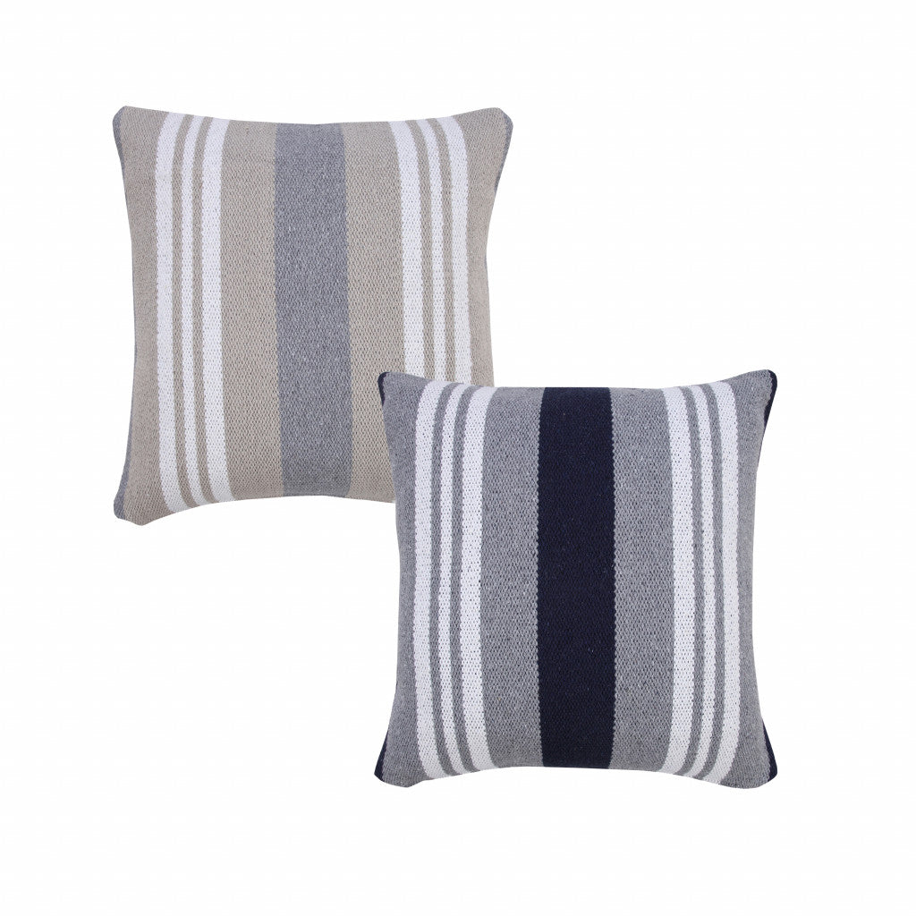 20" X 20" Beige Gray And White 100% Cotton Striped Zippered Pillow