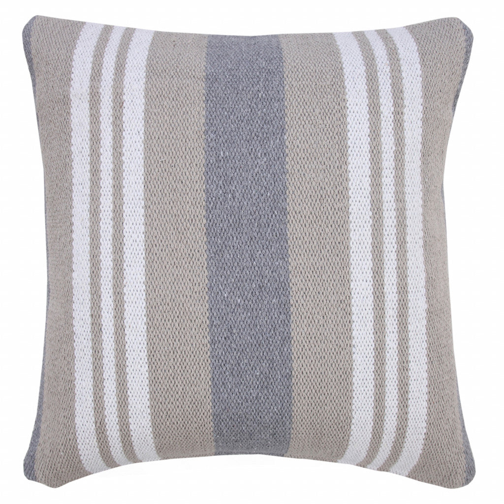 20" X 20" Beige Gray And White 100% Cotton Striped Zippered Pillow