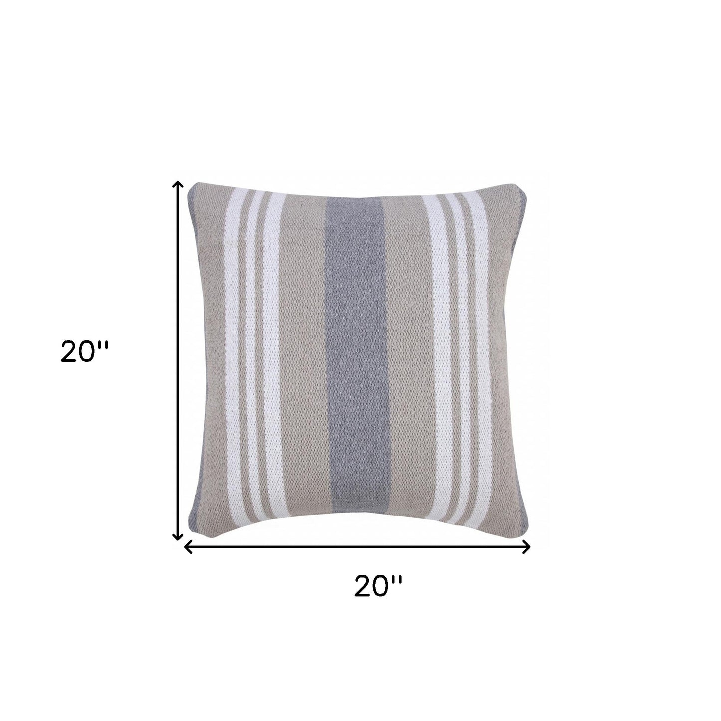 20" X 20" Beige Gray And White 100% Cotton Striped Zippered Pillow