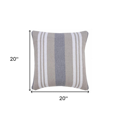 20" X 20" Beige Gray And White 100% Cotton Striped Zippered Pillow