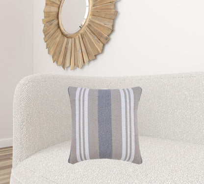 20" X 20" Beige Gray And White 100% Cotton Striped Zippered Pillow