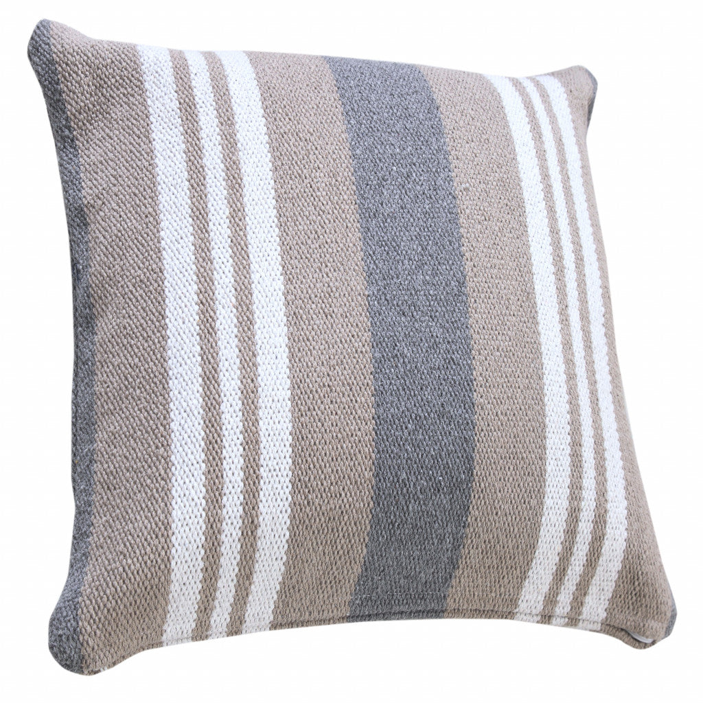 20" X 20" Beige Gray And White 100% Cotton Striped Zippered Pillow