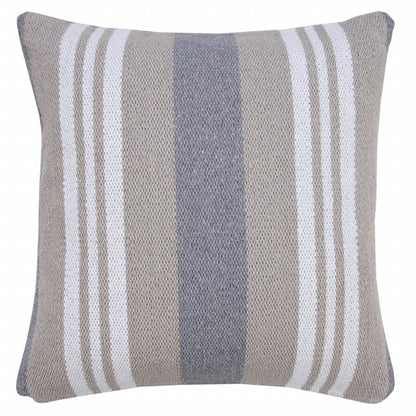 20" X 20" Beige Gray And White 100% Cotton Striped Zippered Pillow