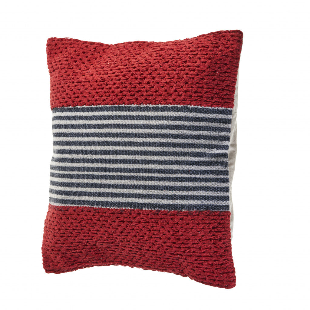 20" X 20" Red And Blue 100% Cotton Striped Zippered Pillow