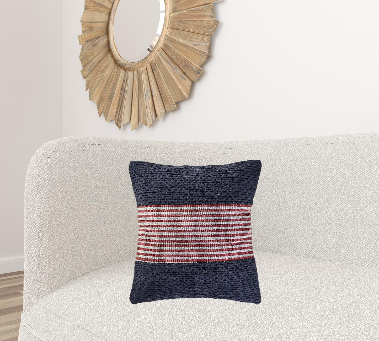 20" X 20" Blue And Red 100% Cotton Striped Zippered Pillow