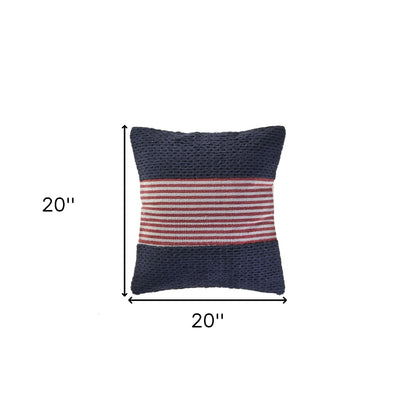 20" X 20" Blue And Red 100% Cotton Striped Zippered Pillow