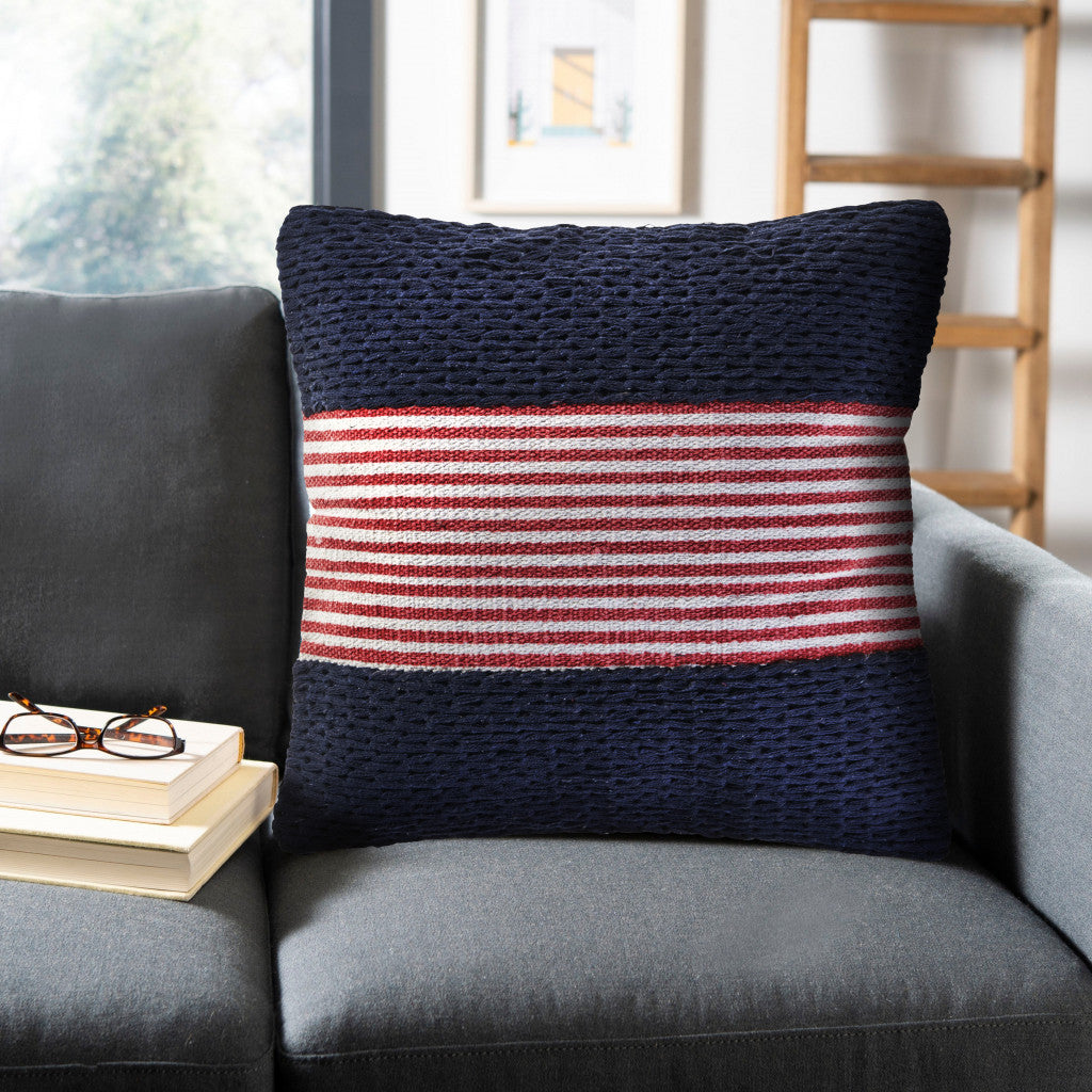 20" X 20" Blue And Red 100% Cotton Striped Zippered Pillow