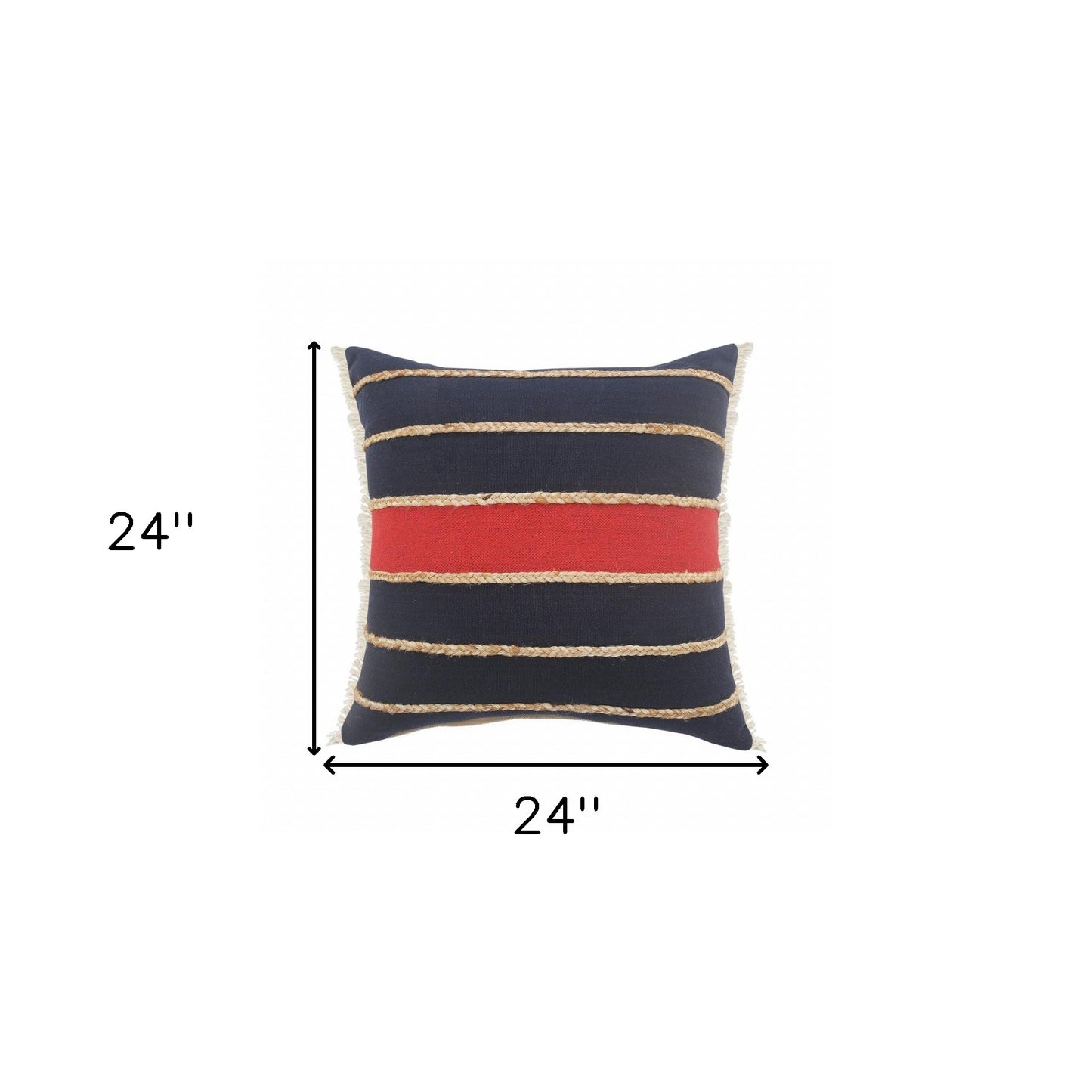 24" X 24" Navy Red And Tan 100% Cotton Striped Zippered Pillow