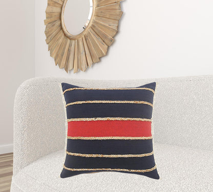 24" X 24" Navy Red And Tan 100% Cotton Striped Zippered Pillow