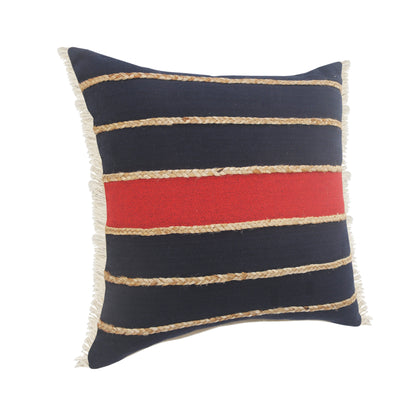 24" X 24" Navy Red And Tan 100% Cotton Striped Zippered Pillow